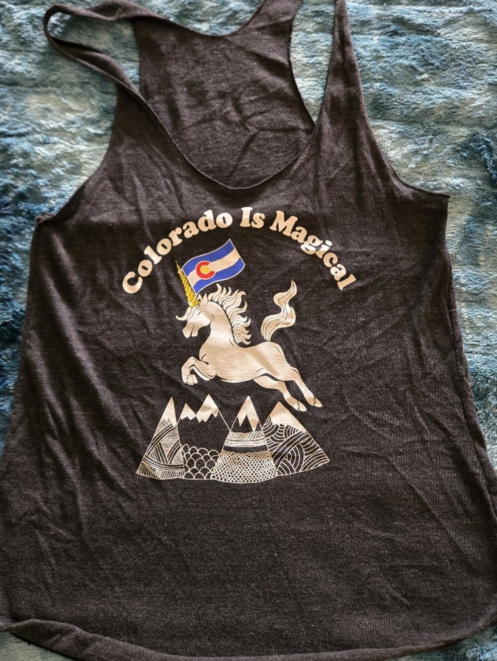 American Apparel Tank with Cream Unicorn and Multicolor Colorado Flag